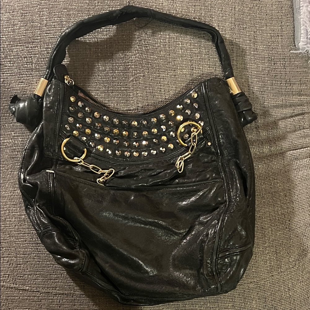Chic Black Studded Leather Hobo Bag